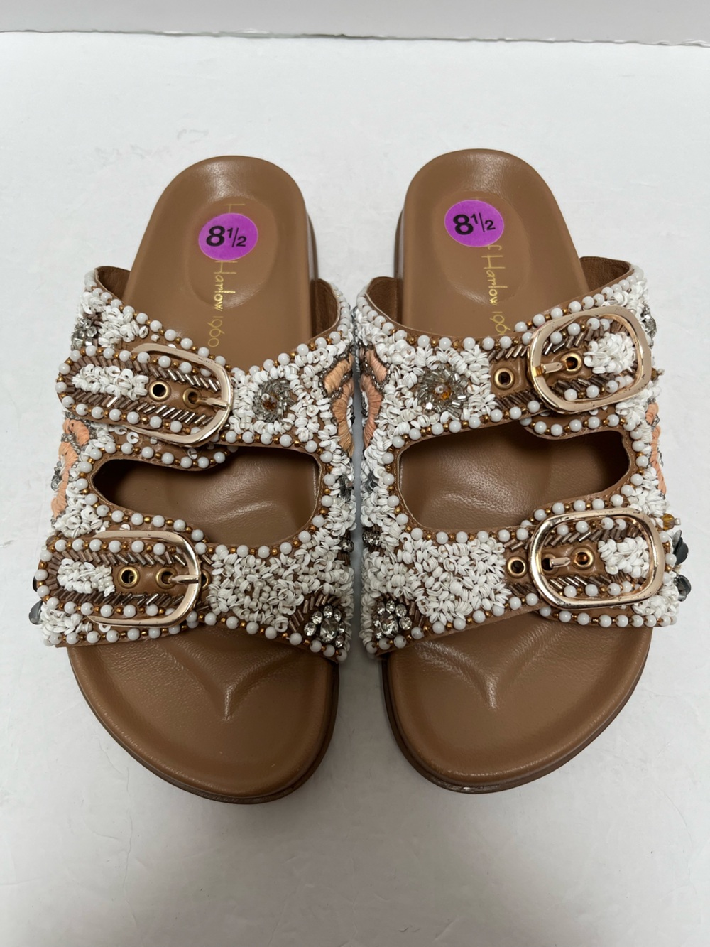 House of Harlow 1960 Cream and Brown Sandals with Rhinestone Embellishments